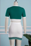 Green Casual Patchwork Contrast Half A Turtleneck Short Sleeve Two Pieces