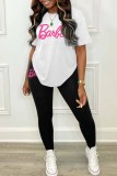Grey Casual Print Letter O Neck Short Sleeve Two Pieces