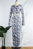 Blue Casual Print Basic O Neck Long Sleeve Two Pieces