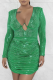 Green Sexy Patchwork Hot Drill V Neck Long Sleeve Dresses