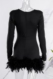 Red Sexy Casual Solid Patchwork Feathers V Neck Long Sleeve Romper