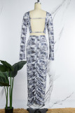 Blue Casual Print Basic O Neck Long Sleeve Two Pieces