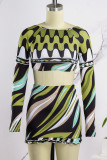 Green Sexy Casual Print Backless O Neck Long Sleeve Two Pieces