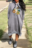 Red Casual Print Basic Hooded Collar Long Sleeve Dresses