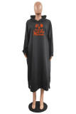 Red Casual Print Basic Hooded Collar Long Sleeve Dresses