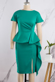 Green Casual Solid Backless Flounce Slit O Neck One Step Skirt Dresses