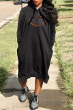 Red Casual Print Basic Hooded Collar Long Sleeve Dresses