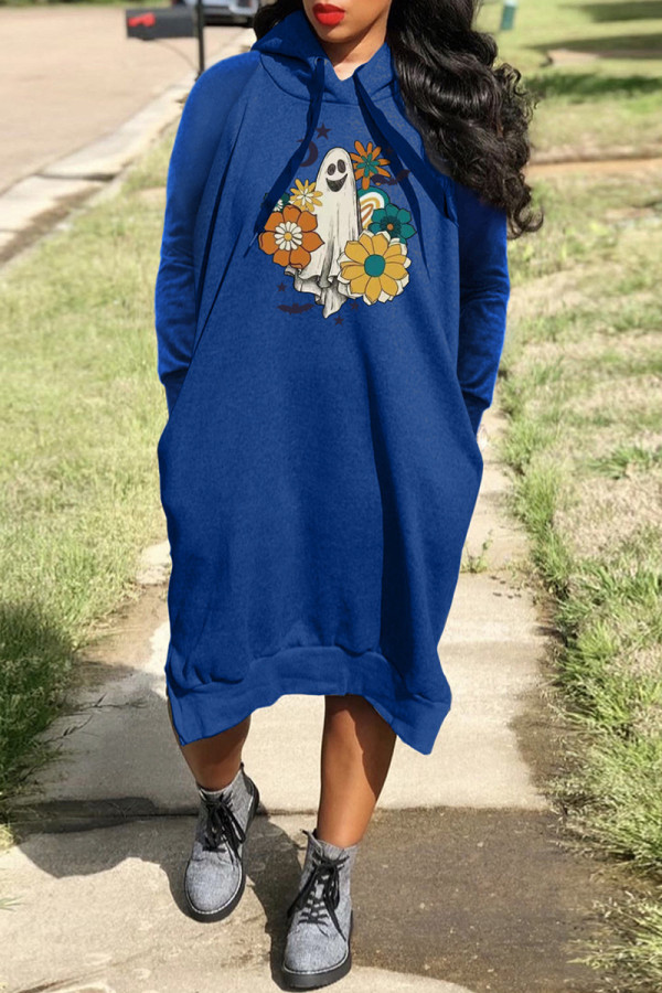 Blue Casual Print Basic Hooded Collar Long Sleeve Dresses