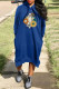Blue Casual Print Basic Hooded Collar Long Sleeve Dresses