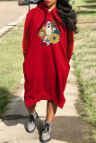 Red Casual Print Basic Hooded Collar Long Sleeve Dresses
