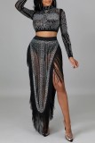 Black Sexy Patchwork Hot Drilling Rivets See-through Turtleneck Long Sleeve Two Pieces