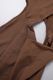 Brownness Sexy Casual Solid Backless Hooded Collar Tops