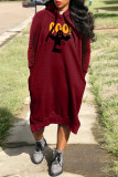 Red Casual Print Basic Hooded Collar Long Sleeve Dresses