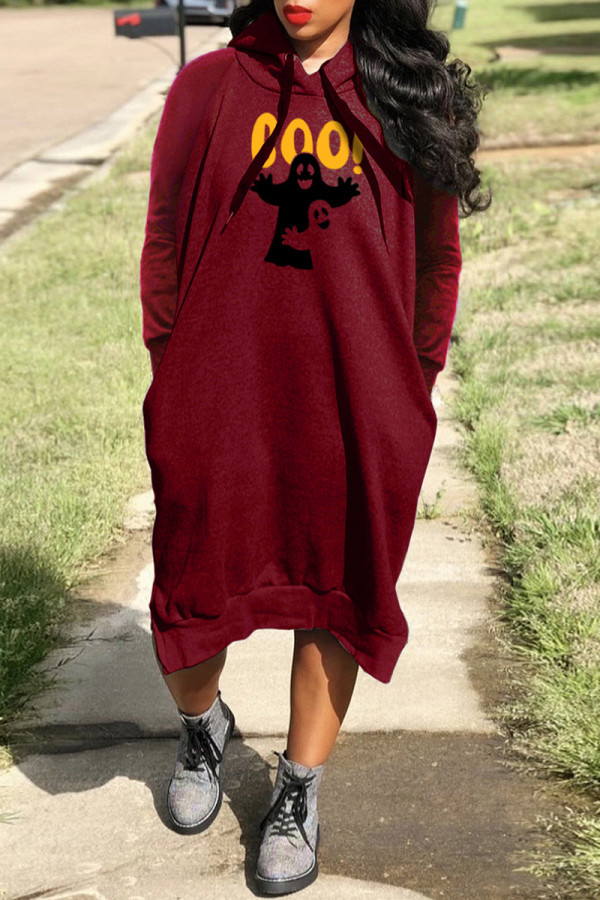 Burgundy Casual Print Basic Hooded Collar Long Sleeve Dresses