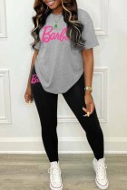 Grey Casual Print Letter O Neck Short Sleeve Two Pieces