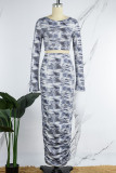 Blue Casual Print Basic O Neck Long Sleeve Two Pieces