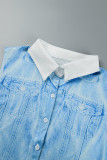 Light Blue Casual Print Patchwork Shirt Collar Sleeveless Two Pieces