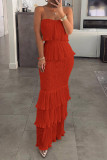 Red Sexy Casual Solid Patchwork Backless Strapless Long Dress Dresses