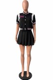 Red Sweet Print Letter Mandarin Collar Short Sleeve Two Pieces