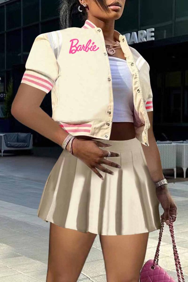 Khaki Sweet Print Letter Mandarin Collar Short Sleeve Two Pieces