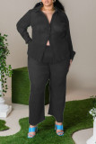 Black Casual Solid Patchwork Buckle Turndown Collar Plus Size Two Pieces