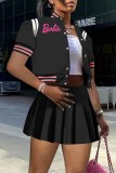 Red Sweet Print Letter Mandarin Collar Short Sleeve Two Pieces