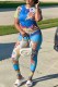 Blue Casual Figure Print Letter O Neck Short Sleeve Two Pieces