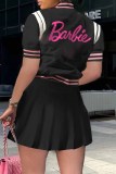 Red Sweet Print Letter Mandarin Collar Short Sleeve Two Pieces