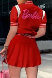 Red Sweet Print Letter Mandarin Collar Short Sleeve Two Pieces