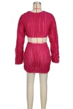 Blue Sexy Casual Solid Hollowed Out V Neck Long Sleeve Dresses (Without Belt)