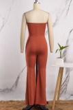 Red-brown Casual Solid Backless Strapless Regular Jumpsuits