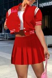 Red Sweet Print Letter Mandarin Collar Short Sleeve Two Pieces