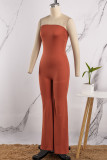 Red-brown Casual Solid Backless Strapless Regular Jumpsuits