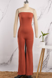 Red-brown Casual Solid Backless Strapless Regular Jumpsuits