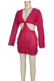 Blue Sexy Casual Solid Hollowed Out V Neck Long Sleeve Dresses (Without Belt)