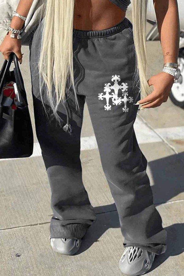 Grey Street Print Patchwork High Waist Straight Bottoms