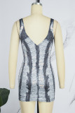 Grey Sexy Striped Ripped Patchwork Backless Spaghetti Strap One Step Skirt Dresses
