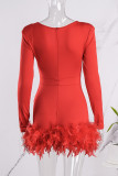 Red Sexy Casual Solid Patchwork Feathers V Neck Long Sleeve Romper
