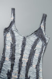 Grey Sexy Striped Ripped Patchwork Backless Spaghetti Strap One Step Skirt Dresses