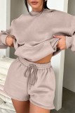 Coffee Casual Solid Basic Hooded Collar Long Sleeve Two Pieces