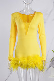 Red Sexy Casual Solid Patchwork Feathers V Neck Long Sleeve Romper