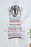 Blue Sexy Patchwork Hollowed Out Backless Halter Sleeveless Dress Dresses