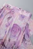 Purple Sexy Print Bandage Patchwork See-through Backless Swimsuit Three Piece Set