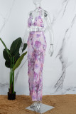 Purple Sexy Print Bandage Patchwork See-through Backless Swimsuit Three Piece Set