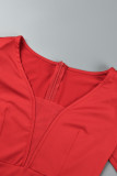 Red Sexy Casual Solid Patchwork Feathers V Neck Long Sleeve Romper