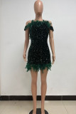 Red Sexy Solid Sequins Patchwork Feathers Backless Off the Shoulder Wrapped Skirt Dresses
