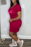 Pink Casual Print Letter V Neck A Line Dresses