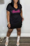 Black Casual Print Letter V Neck A Line Dresses
