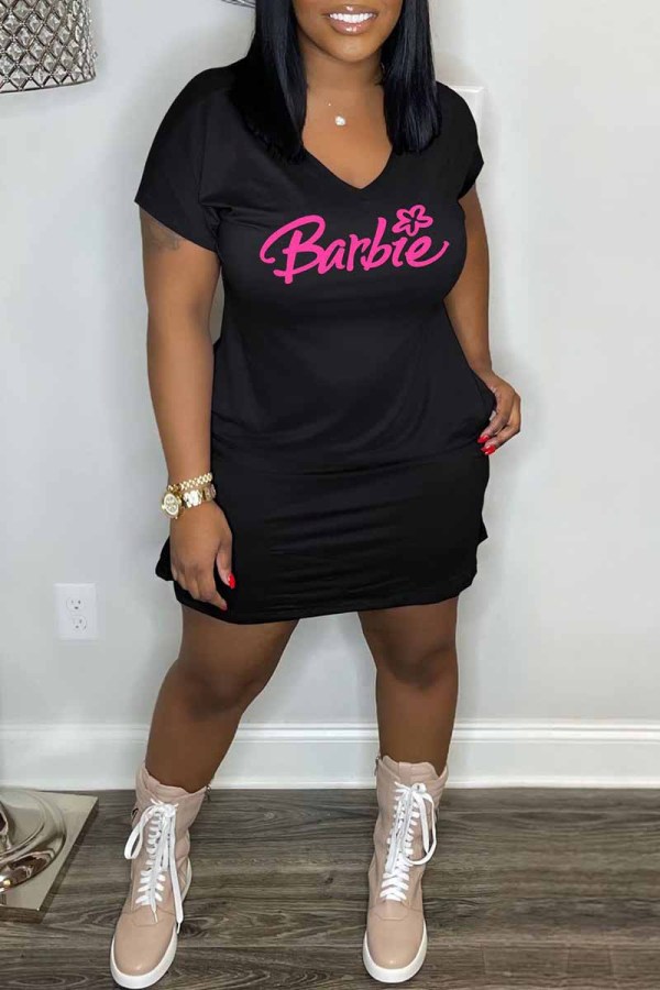 Black Casual Print Letter V Neck A Line Dresses