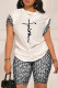White Casual Print Basic O Neck Short Sleeve Two Pieces